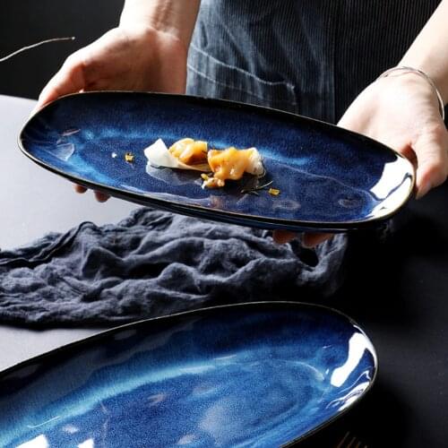 Ceramic Sushi Plate Fish Fruit Dish Food Tray Food Serving Plate Snack Plate for Home Restaurant Hotel (Blue Small Sizes)