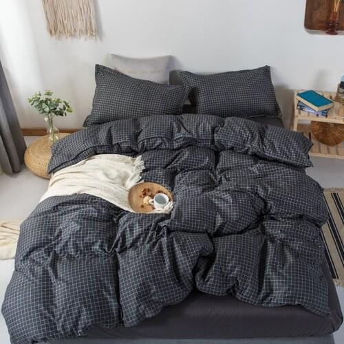 Classic Simple Bedding Set Duvet Cover Sheet Pillowcase Grid Solid Black Lattice Bed Linens 180x220cm Double Size Home Textile