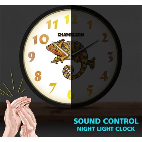 Lizard Animal Surreal Wall Clock Glow in Dark Chameleon Sound Activated Timepiece Reptile Mental Frame Night Light