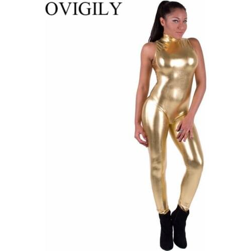 OVIGILY Black Women Metallic Sleeveless Unitard Catsuit Shiny Turtleneck Unitards Bodysuit Dancewear Gold Dance Jumpsuits Girls