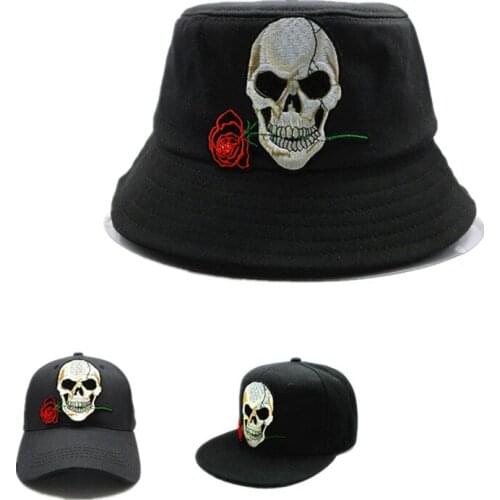 2021 Rose Skull Embroidery Cotton Bucket Hat Fisherman Hat Outdoor Travel Hat Sun Cap Hats for Men and Women 142