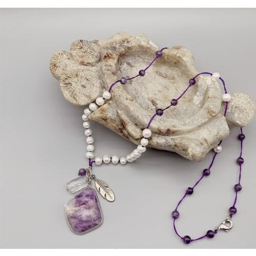 FoLisaUnique Purple Amethyst Pendant Long Necklace For Women Girls 7-8mm Freshwater White Pearls Casual Trendy Jewelry 30 Inch
