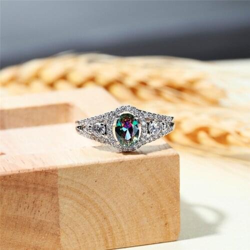 Luxury Female Rainbow Crystal Stone Ring Charm Silver Color Engagement Ring Trendy Zircon Thin Oval Wedding Rings For Women