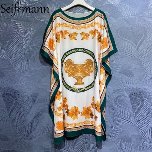 Seifrmann New 2021 Summer Women Fashion Runway Loose Midi Dress Batwing Beading Sleeve Gorgeous Vintage Print Dresses Vestidos