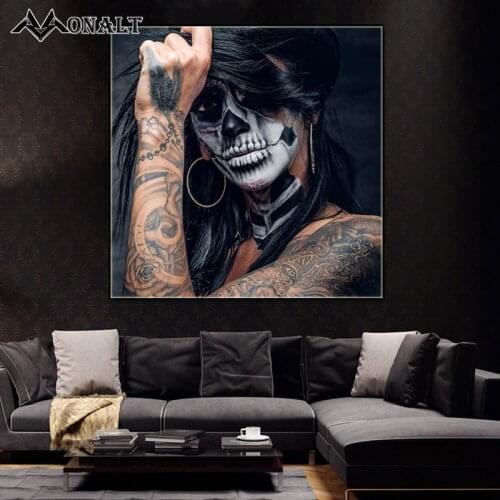Street Pop Art Poster Black Tattoo Skull Cool Girl Canvas Art Print Portrait Living Room Wall Art Decor Square Bedside Painting