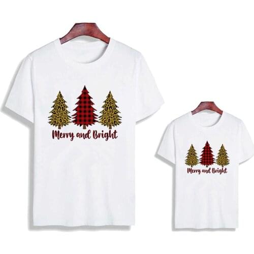 Merry and Bright Christmas Tree Graphic Printed T Shirt Breathable Cozy Cotton Soft Harajuku Family Look