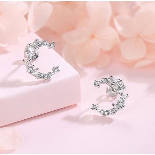 S925 Sterling Silver Earrings for Women 925 Silver Moon Stud Earrings Fine Jewelry for Wedding Crescent Diamond Crystal Earrings