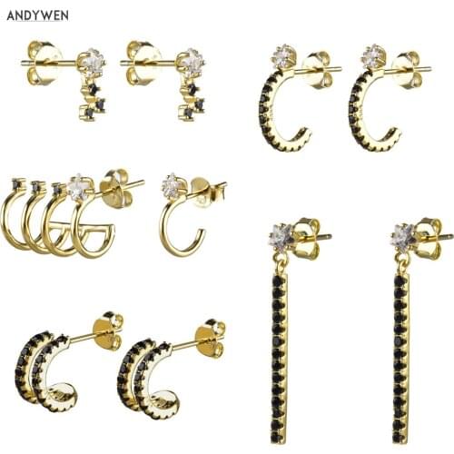 ANDYWEN 925 Sterling Silver Pack Sophie Line Earring Hoops Black CZ Andromeda Apollo Pendientes Nebula Circle Women Earring