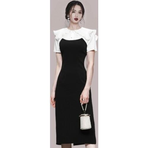 Summer Black White Patchwork Sheath Dress 2021 New Fashion Women Peter Pan Collar Office Ladies Bodycon Slim Midi Dress