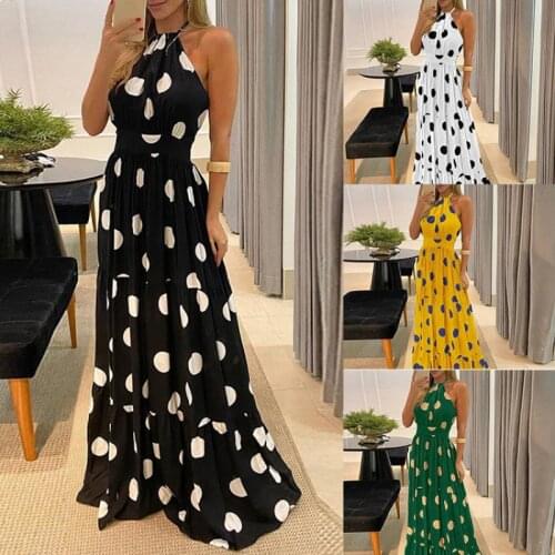 Halter Sleeveless Long Dress Sexy Backless Elegant Lady Party Dress Women Casual Ruffle Polka Dot Beach Maxi Dresses 2021 Summer