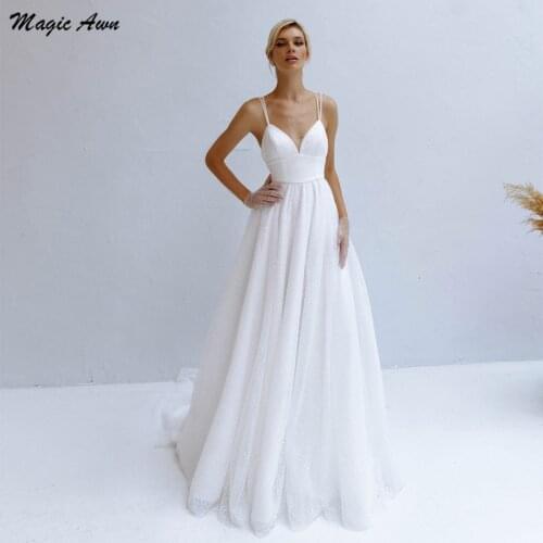 Magic Awn Shiny Tulle Boho Wedding Dresses Spaghetti Straps Criss Cross Back Beach White A-Line Bride Dress Robe De Mariée