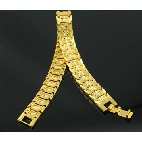 Gold Color Heart Bracelet Romantic Lovers Jewelry Carving Wristband 15MM 20CM Hand Chain Bracelets Bangles For Men/Women
