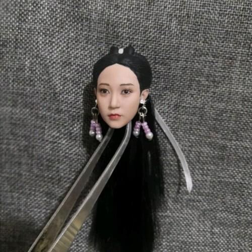 1/6 Scale Ancient Beauty Women Head Models with Earrings and Black Long Hair for 12''Figures Bodies Accessories DIY