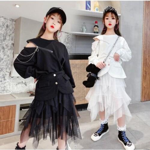 2021 Korea style girls 2 pcs set sweatshirt+ruffles skirt fashion cotton spring girls suit 5-10t A847
