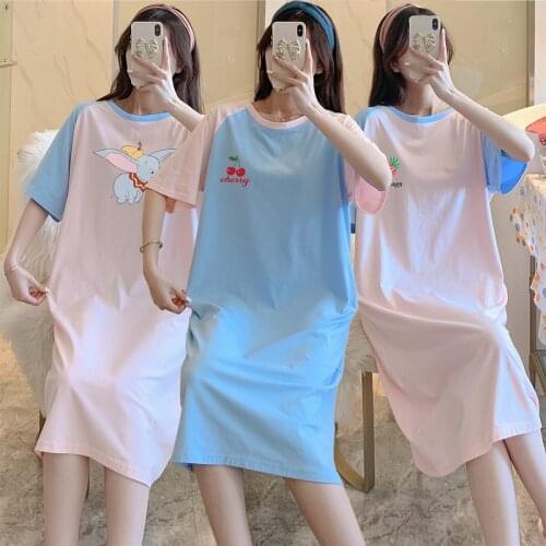 2021 Summer Short Sleeve 100% Cotton Nightgowns for Women Korean Fashion Long Dress Sleepwear Loose Nightdress Night Gown Nighty