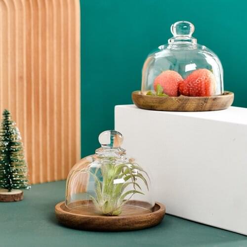 4pcs Simple Wooden Mini Dessert Fruit Storage Tray with Glass Cover Cake Display Dish with Lid Afternoon Tea Dessert Candy Table