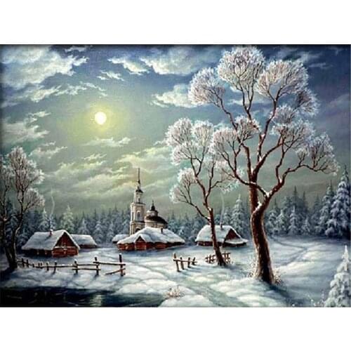 Diamond painting 5d cross stitch diamond embroidery mosaic beautiful snow scene houses and big trees rhinestone wall painting