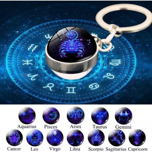 12 Zodiac Sign Keychain Luminous Glass Ball Key Rings Scorpio Leo Aries Constellation Birthday Gift for Women and Mens Accessory