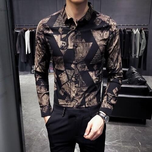 Black 2020 Fashion Shirts Mens Designers Shirts Social Night Club Party Dress Streetwear Mens Printed Long Sleeve Shirts Fall