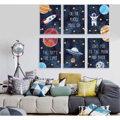 Nursery Cartoon Space Astronaut Canvas Posters Solar Rocket Paintings Watercolor Print Planet Picture for Kid Bedroom Home Decor