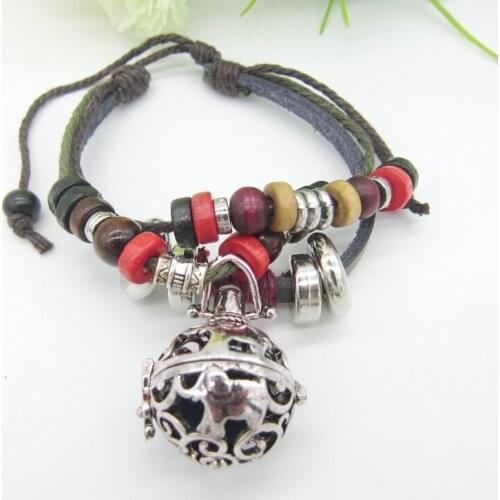 Ethnic Various Wood Beads and Metal Spacers DIY Female`s Locket Perfume Essential Oil Diffuser Leather Bracelet