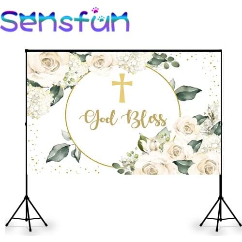God Bless Backdrops Child First Holy Communion Baptism Party Decor Green Leaf Gold Glitter Flower Newborn Birthday Background