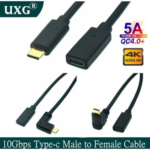 100W PD Type-C USB 3.1 Male to USB-C Female 90 degree Extension Data Cable Extender Cord Reversible Design 10Gb/s 0.3m 0.6m1.8m