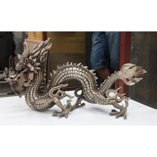 Chinese Feng shui White Copper Silver Wealth Auspicious Dragon Figurine Statue