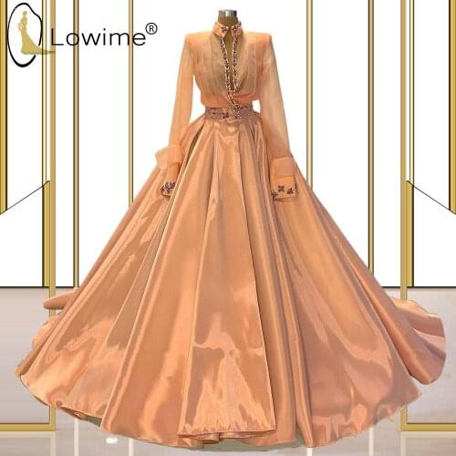 Coral Long Sleeves A Line Evening Dresses Vestidos De Soiree 2021 Plus Size Puffy Taffeta Prom Party Gowns Formal Women Robes