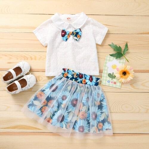 2021Girl’s Outfits Two Piece Suit Fashion Solid Color Tie Short Sleeve T-shirt and Flower Gauze Skirt clothes summer/little girl