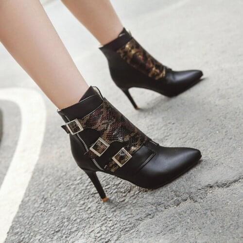 Fashion Womens Ankle Boots Snake Pu Leather Yellow Short Boots Women Shoes Thin High Heels Boots Pointed Party Shoes for Women