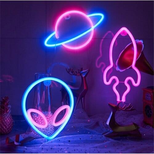 Neon Sign Alien Face Rocket Night Light For Kids Bedroom Decoration Wall Hanging Lights Xmas Party Holiday Decor Night Lamps