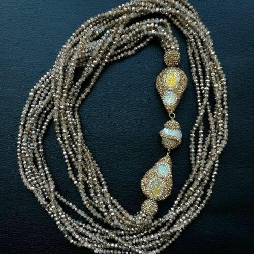 K112901 38'' 7Strands 4mm faceted rondelle champagne Crystal Pearl sweater chain Necklace for women