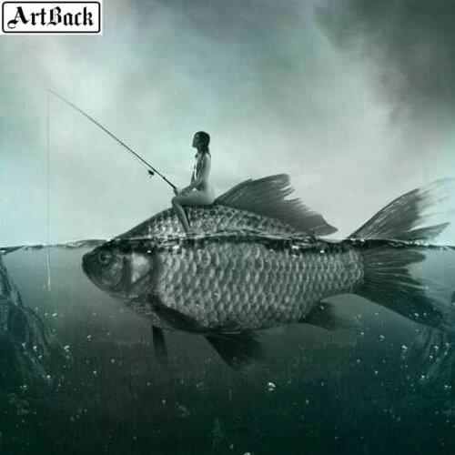 Full square diamond painting fishing picture diy 5d embroidery diamond mosaic big fish top woman home decoration sticker