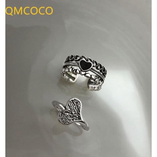 QMCOCO 925 Sterling Silver Ring For Women Heart Black Zircon Finger Open Adjustable Ring Trendy Vintage Fine Jelwery