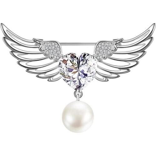 Gorgeous Classic Temperament Copper Brooch Angel Wings Pearl Brooch Pin Backpack Dress Jewelry Accessories High Quality