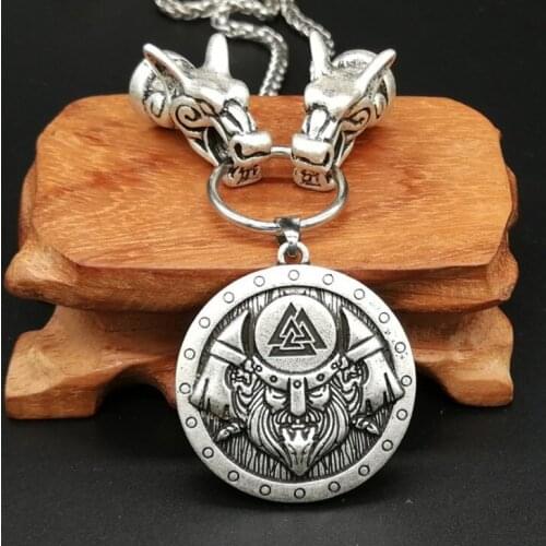 Vintage Wolf Head with Viking Warrior Pendant Nordic Viking Rune Odin Amulet Necklace