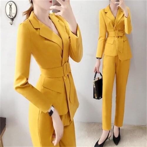 High end Professional womens yellow suit suit new autumn Korean fashion temperament waist suit nine pants two sets