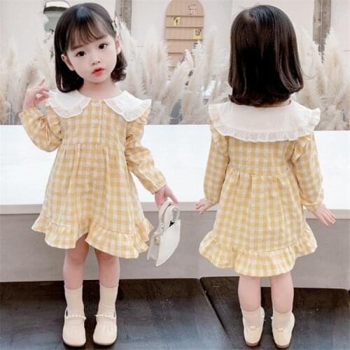 Yellow Children Spring Summer Doll Collar Dress Baby Girls Dresses Trendy Kids Long Sleeve Ruffle Special Occasion High Quality