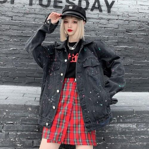 Street Style Casual Color Spray Paint Denim Jacket Female Black Coat 2021 Spring Autumn Plus Size Loose Long Sleeve Jeans Jacket