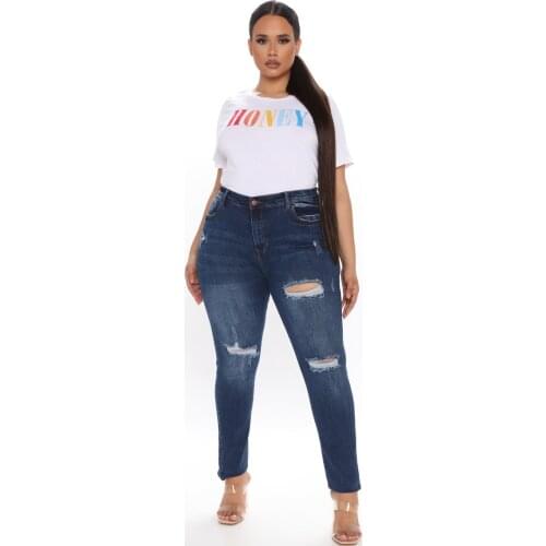 Plus size clothing L-4XL womens ripped jeans high waist skinny denim jeans Slim Fit casual pencil pants high quality wholesale