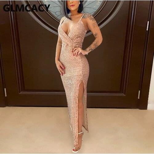 Women Spaghetti V Neck Sequined Maxi Dress Elegant Evening Party Slit Long Dress