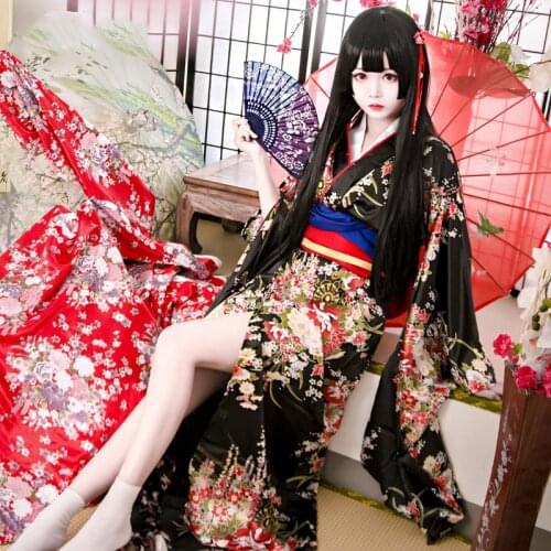 Elegant Women Printed Flower Geisha Robes Dress Classic Japanese Style Cosplay Costumes Sexy Kimono Bath Robe Gowns With Obi 3XL