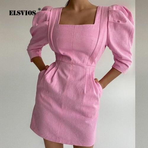 Women Casual Cotton Linen Dress Elegant Square Collar Half Sleeve Solid Color Mini Dress New Spring Summer 2021 Dresses Vestidos