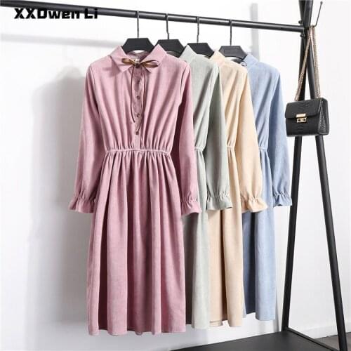 Women Korean Bow Buttons Long Sleeve Corduroy Midi Dresses Office Lady Casual Turn-down Collar High Waist Dress Cute Kawaii