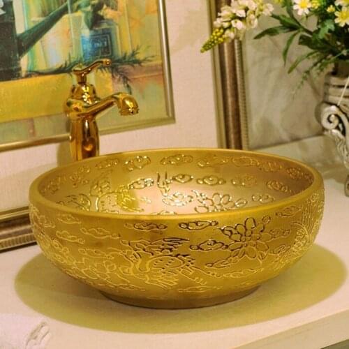 Golden European Unique Design Art Washing Basin Face Basin round Golden Basin sink bowl ceramic wash basin bathroom sink