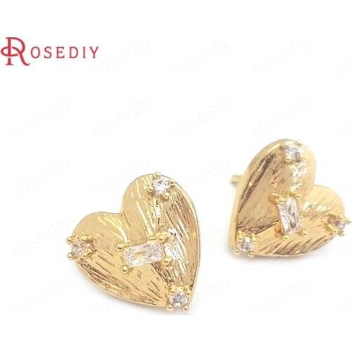 38429)4PCS 10x10.5MM 24K Gold Color Brass and Zircon Heart Shape Stud Earrings High Quality Jewelry Making Supplies Findings