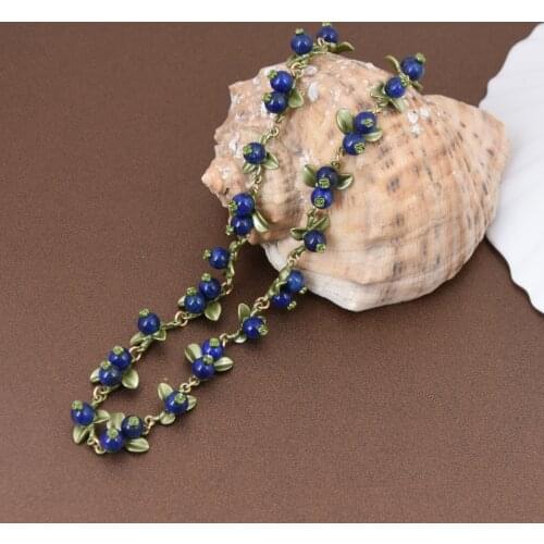 American retro wood baking paint plant Bracelet alloy flower green gold stone blueberry Bead Necklace Jewelry