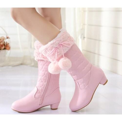 Spot girl boots 2020 winter new Korean version of the Princess High Heeled Cotton Boots kids sweet fur high kids boots girls