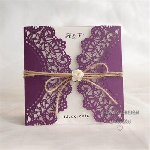 Rustic Purple Laser Cut Invitation With Twine And Flower
